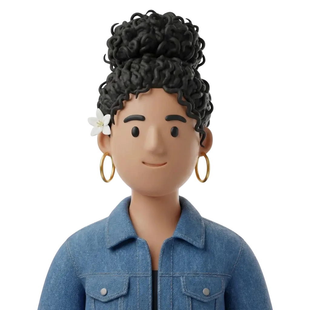 3D portrait bust of a young Tunisian woman with dark curly hair piled in a high bun, a white flower behind her ear, gold hoop earrings, wearing a blue denim jacket, neutral smile on a black background.