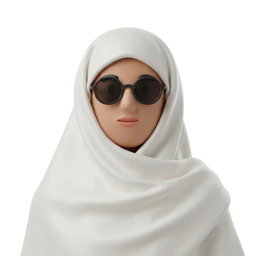 3D portrait bust of a woman wearing a white Tunisian sefsari full wrap with round black sunglasses, neutral lips, and smooth skin. The character faces forward with a calm expression against a solid black background.