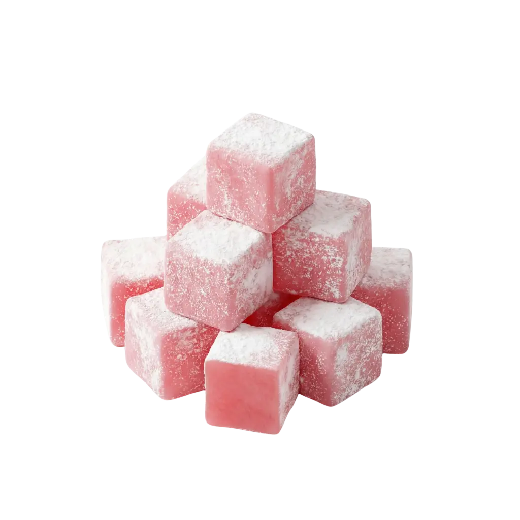 3D render of pink Turkish delight cubes dusted with powdered sugar on a black background.