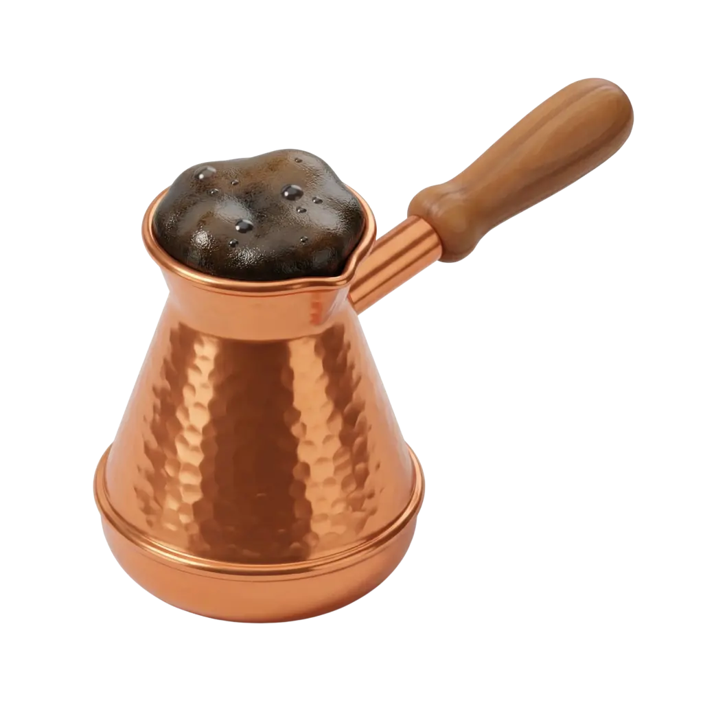 3D render of a hammered copper Turkish coffee pot (cezve) with a smooth wooden handle, filled with dark foamy coffee; glossy metallic finish on an isolated transparent background.