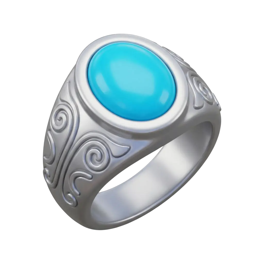 3D render of a metallic signet ring with a polished oval turquoise cabochon, engraved swirl motifs on the shank, glossy silver finish and isolated transparent background.
