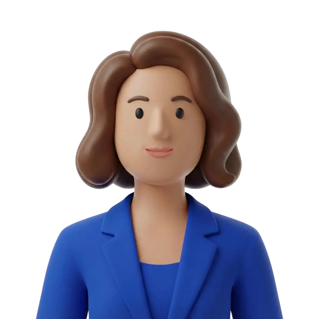 3D portrait bust of a female TV presenter with wavy brown hair, wearing a royal blue blazer and matching top, smiling gently with neutral makeup. Frontal pose on a black isolated background, clean studio-style render.