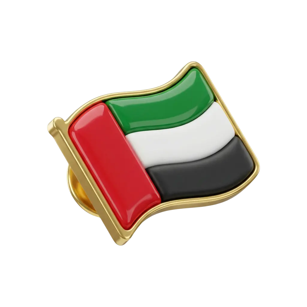 3D render of a glossy enamel UAE flag lapel pin with a polished gold metallic frame, showing red vertical stripe and green, white, black horizontal bands; isolated on a black background.