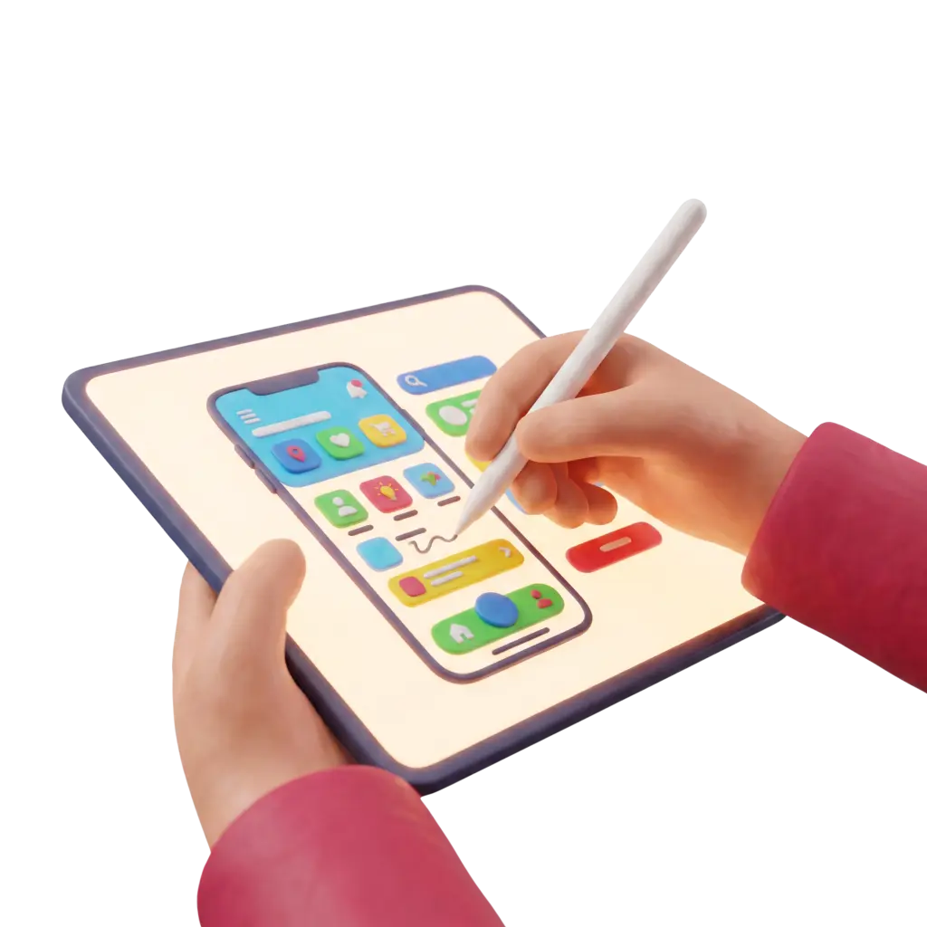 3D render of stylized hands holding a tablet and drawing with a white stylus, showing a colorful mobile UI with rounded glossy app icons and a matte tablet frame on a transparent background.