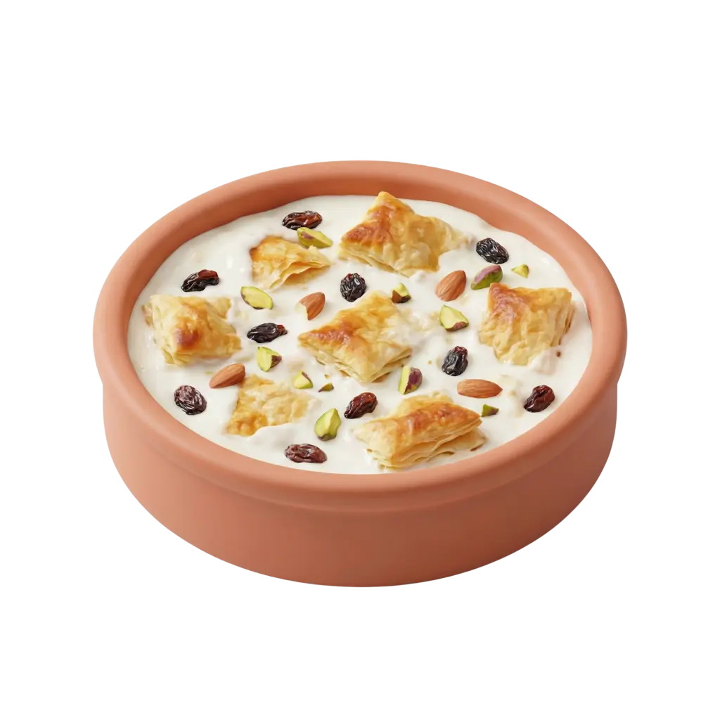 Close-up of Umm Ali served in a terracotta bowl with a creamy white milk base, golden baked puff pastry pieces, raisins, pistachio halves and whole almonds on a dark background.