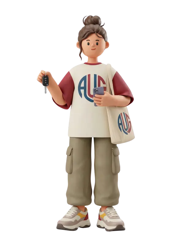 Full-body 3D character of a young female university student wearing a cream oversized t-shirt with maroon sleeves and a circular AUG logo, olive cargo pants and chunky multicolor sneakers, carrying a cream canvas tote with the same logo. She holds a smartphone in one hand and car keys in the other, hair in a top bun and a friendly neutral expression, isolated on a black transparent background.