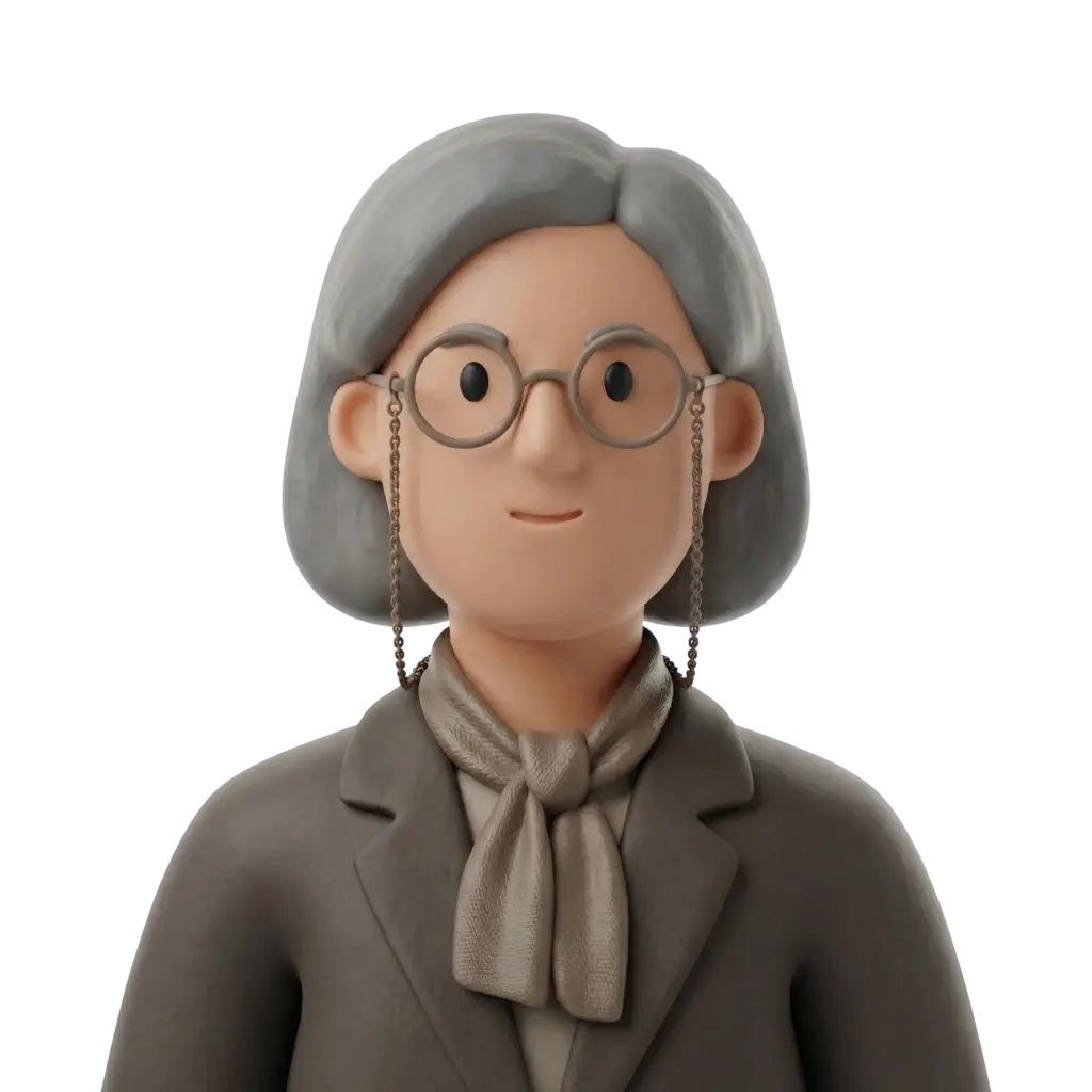 3D portrait bust of a female university professor with short gray hair, round metal glasses on a chain, a gray tailored blazer and a tied silk scarf, neutral friendly expression and forward-facing pose. Isolated black background with a matte, clay-like finish.