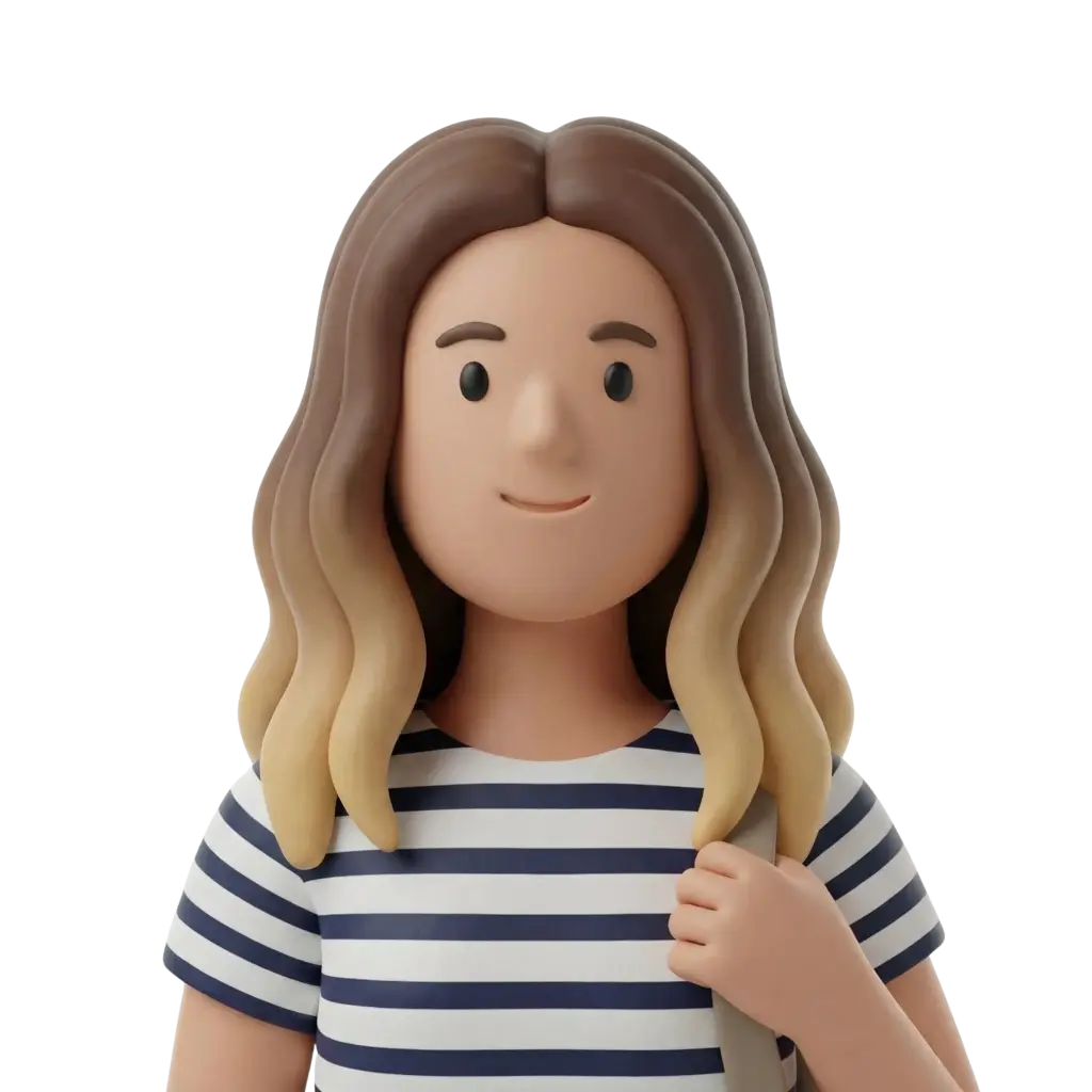 3D portrait bust of a young female university student with shoulder-length wavy ombre hair, wearing a navy-and-white striped t-shirt and holding a backpack strap, smiling softly against a plain black background.