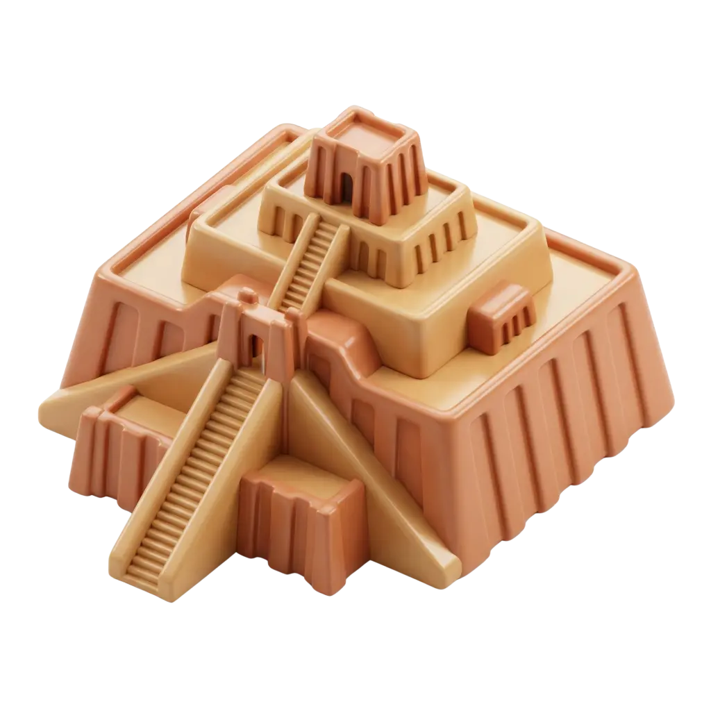 3D render of a stylized stepped ziggurat with stacked terraces, central staircases and small arch openings in warm terracotta and beige with a smooth glossy plastic-like finish. Isolated on a transparent background.