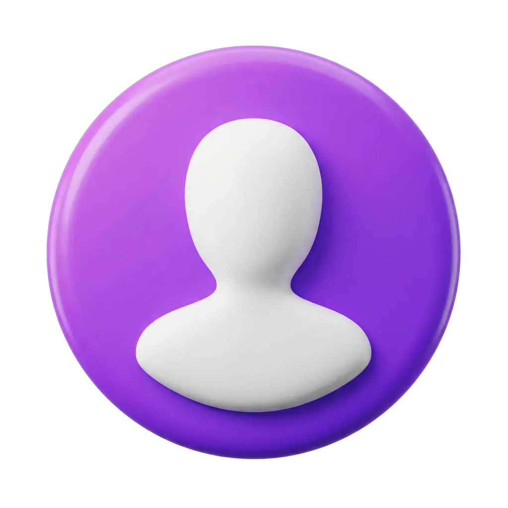 3D render of a white matte user bust silhouette mounted on a glossy purple circular badge with soft highlights and subtle shadow, isolated on a transparent background.