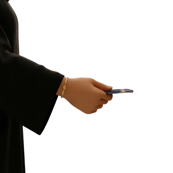 3D render of a woman's hand in a black abaya sleeve holding a slim blue ATM card, realistic matte skin shading and a shiny metallic gold bracelet, isolated on a solid black background.