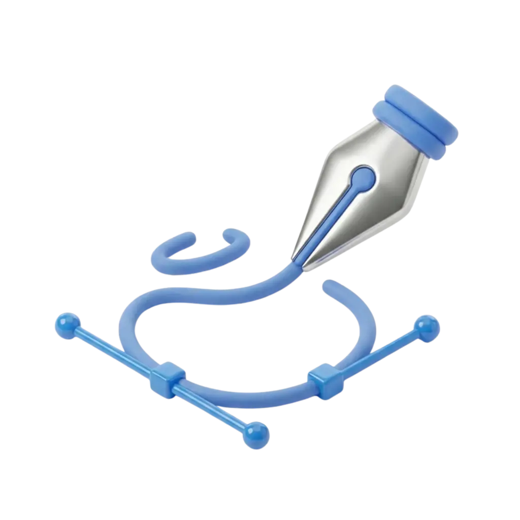 3D render of a stylized vector pen nib with a chrome metallic tip and matte blue plastic Bézier curve handles, anchor points and control bars, shown as an isolated glossy object on a transparent background.