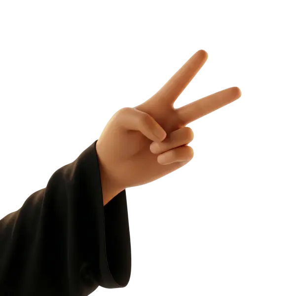 3D render of a hand forming a victory (V) sign with two raised fingers, smooth matte skin tone and a black fabric sleeve, isolated as an isolated render on a transparent background.