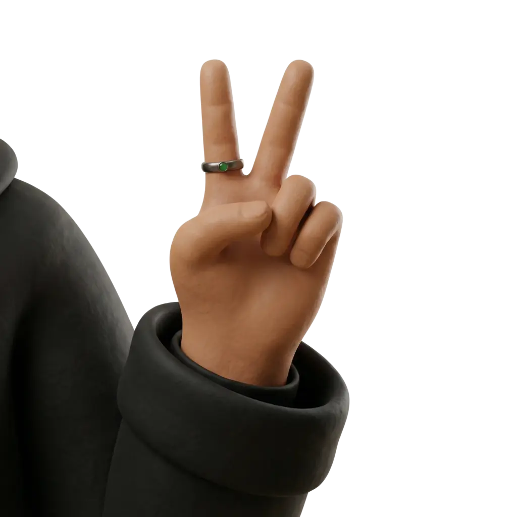 3D render of a stylized hand making a V (victory) sign with light skin and matte texture, wearing a metallic ring with a small green stone on the middle finger and a folded black jacket cuff; isolated on a black background.