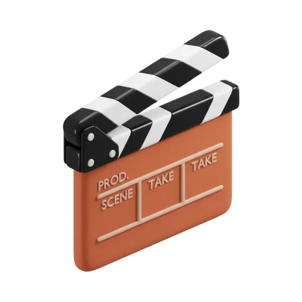 3D render of a stylized film clapperboard with a matte terracotta-orange body, raised beige lettering and a glossy black-and-white striped hinged clapper. Isolated on a transparent background.