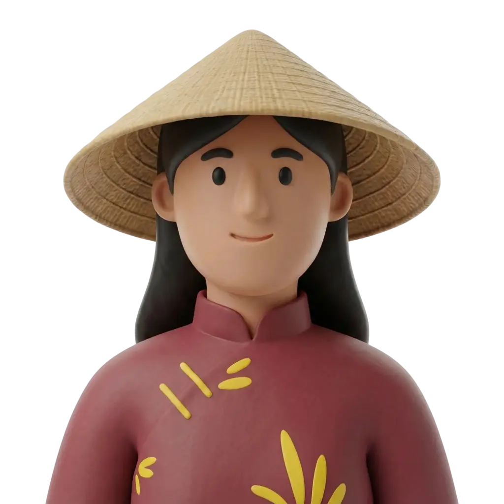 3D portrait bust of a Vietnamese woman wearing a straw nón lá conical hat and a maroon áo dài with yellow floral motifs, long black hair and a gentle smile. Isolated render on a dark background with a neutral, friendly expression.