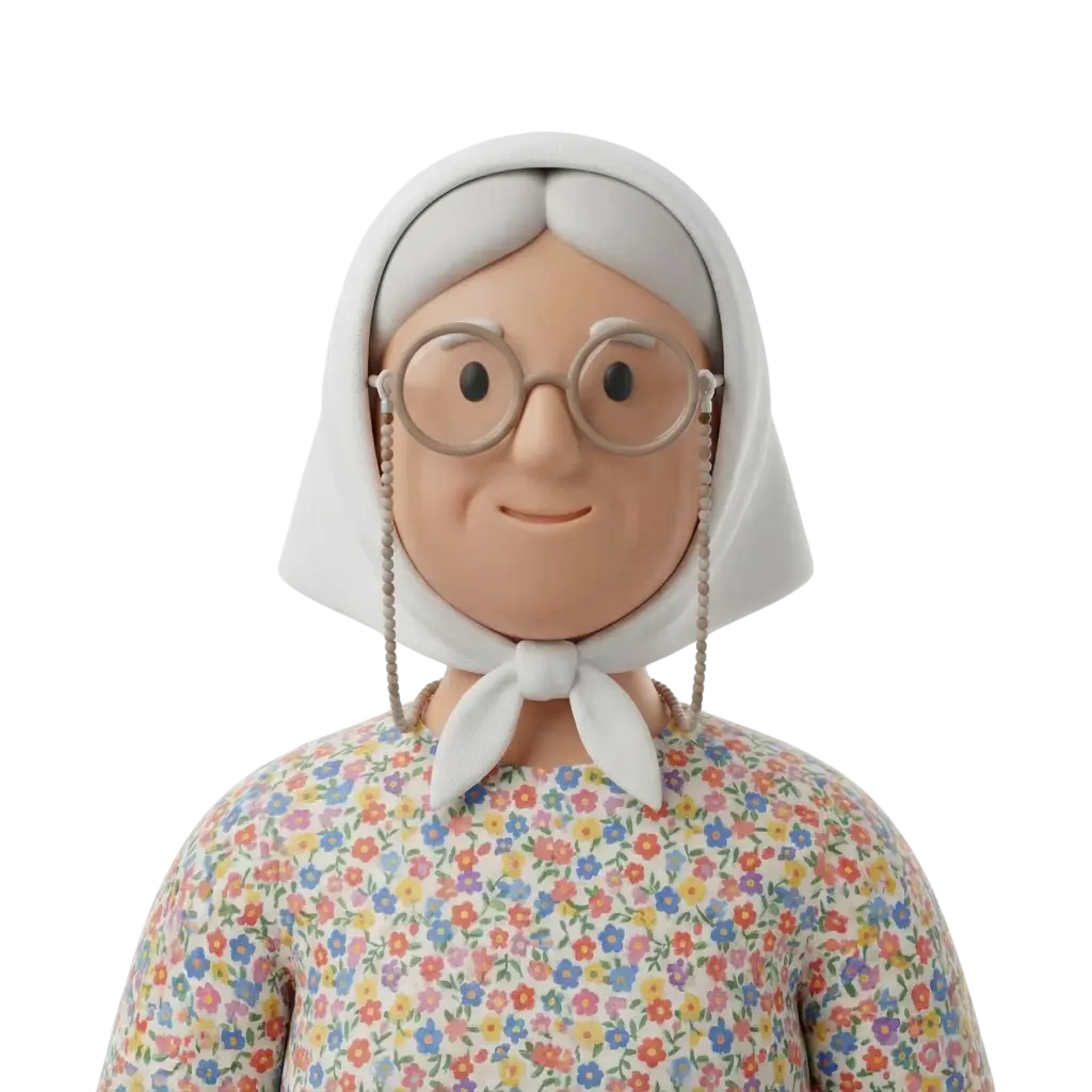 3D portrait bust of an elderly woman wearing a white headscarf tied under the chin, soft grey hair, round glasses attached to a beaded chain, and a pastel floral patterned blouse; she has a gentle closed-mouth smile and faces forward against a black isolated background.