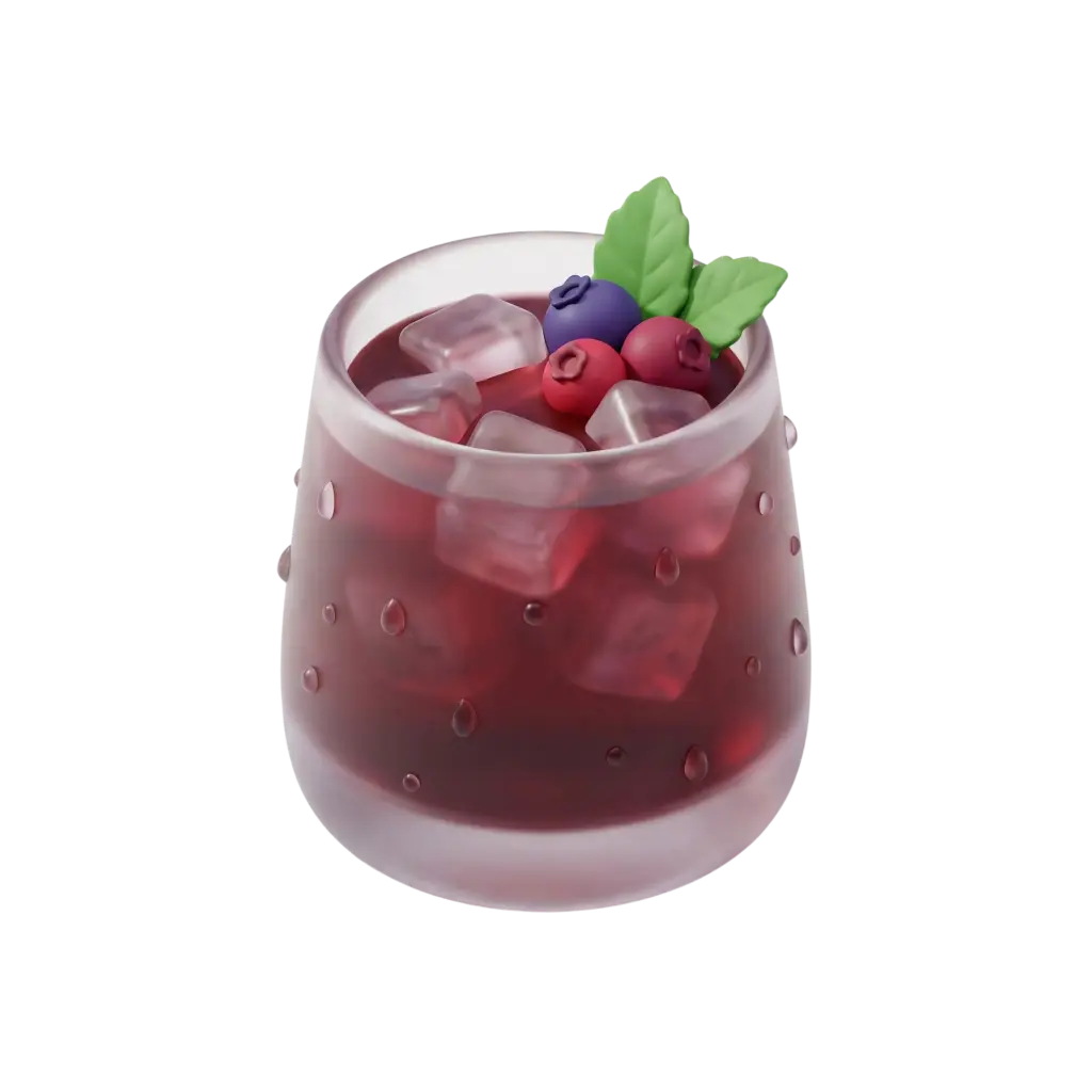 3D render of a short glass filled with a dark red-purple Vimto drink, visible ice cubes, small red and purple berries and two green mint leaves, condensation droplets on the glass, isolated on a black background.