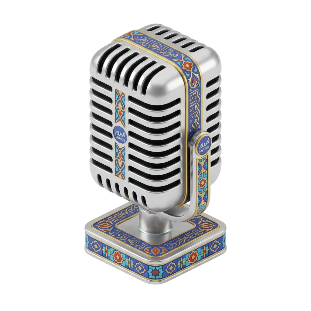 3D render of a vintage silver tabletop microphone with horizontal grille, metallic glossy finish, decorated with blue-and-gold Islamic geometric enamel patterns and Arabic calligraphic accents, isolated on a transparent background.