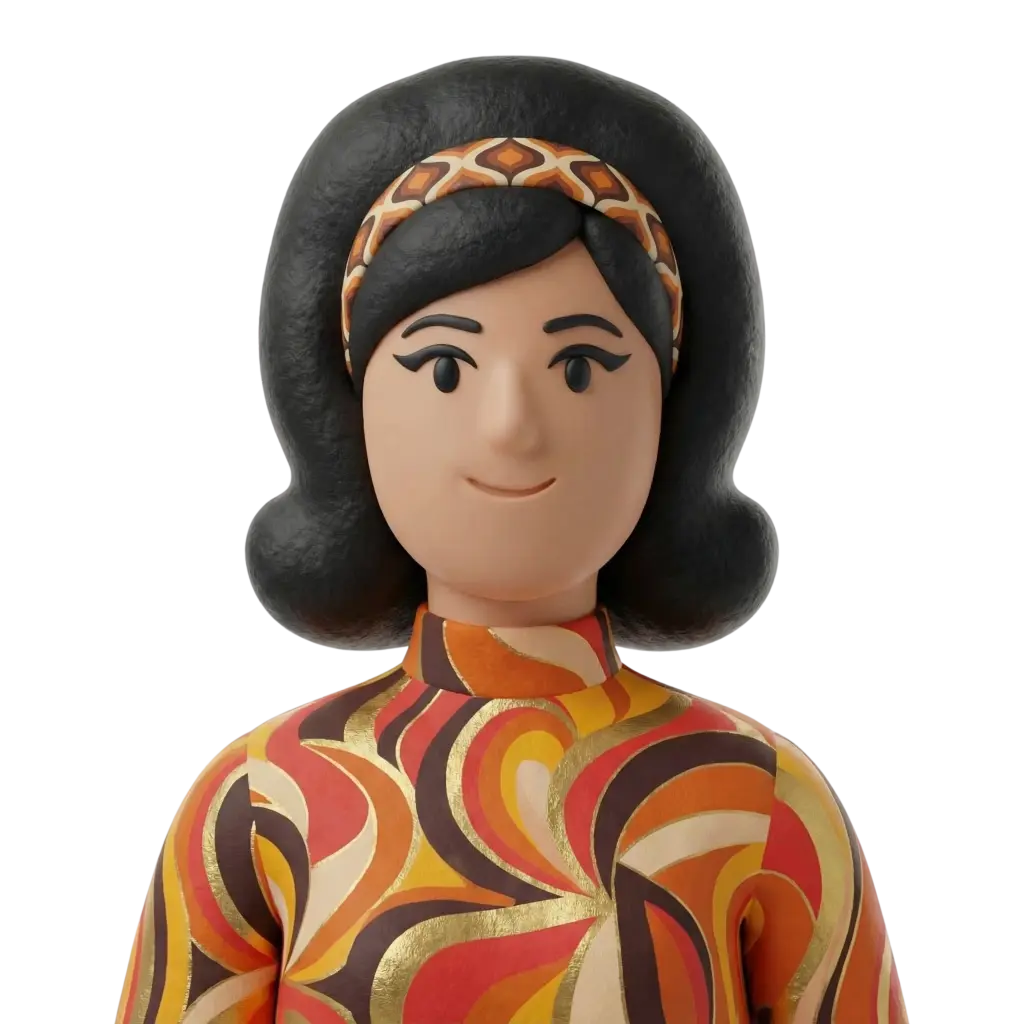 3D portrait bust of a female vintage starlet with voluminous black 1960s-style hair and a patterned orange-brown headband, wearing a high-neck retro dress with bold orange, red, yellow and gold swirl patterns; she smiles softly with a neutral gaze against a plain black background.