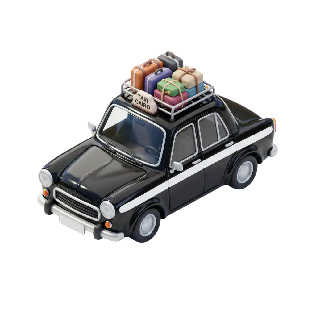 3D render of a glossy black vintage taxi with a white side stripe, round headlights, chrome trim and a roof rack loaded with colorful suitcases and a small "TAXI CAIRO" sign. Isolated on a black background.