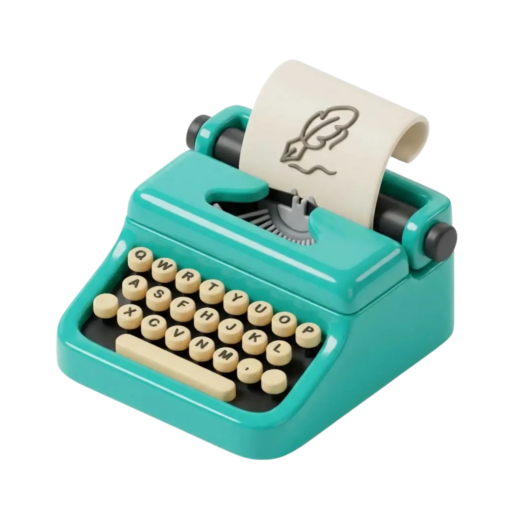 3D render of a glossy turquoise vintage-style typewriter with rounded cream keys, a black inner carriage and a rolled paper showing a quill icon; polished plastic body with subtle metallic accents on a transparent/black background.
