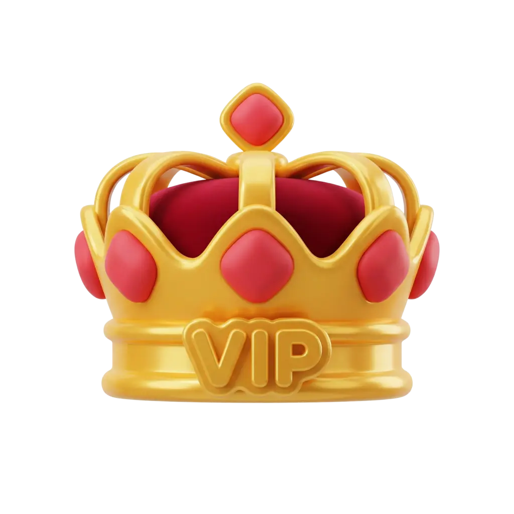 3D render of a glossy gold crown with plush red velvet padding and rounded red gem-like ornaments, metallic glossy finish, isolated on a black background.