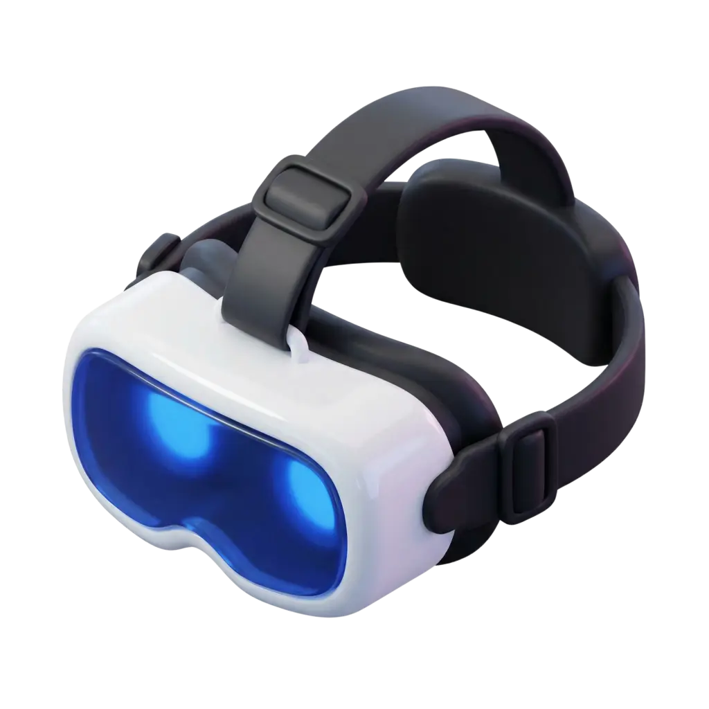 3D render of a modern VR headset with a glossy white front housing, deep blue reflective visor, and matte black adjustable straps and padded rear support, isolated on a transparent background.