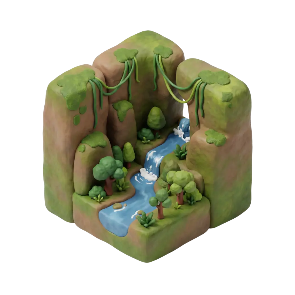 3D clay-style depiction of a lush mountain gorge with a winding blue stream and cascading waterfall, surrounded by rounded mossy cliffs, small trees and hanging vines; isometric perspective with soft studio lighting on an isolated dark background.