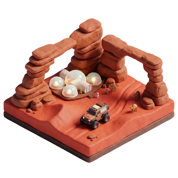 3D render of a stylized Wadi Rum desert diorama with towering sandstone arches, red-orange dunes, a cluster of translucent bubble Mars-style domes, a 4x4 off-road vehicle and small camel figures; isometric perspective, warm rim lighting and soft shadows, isolated on black background.