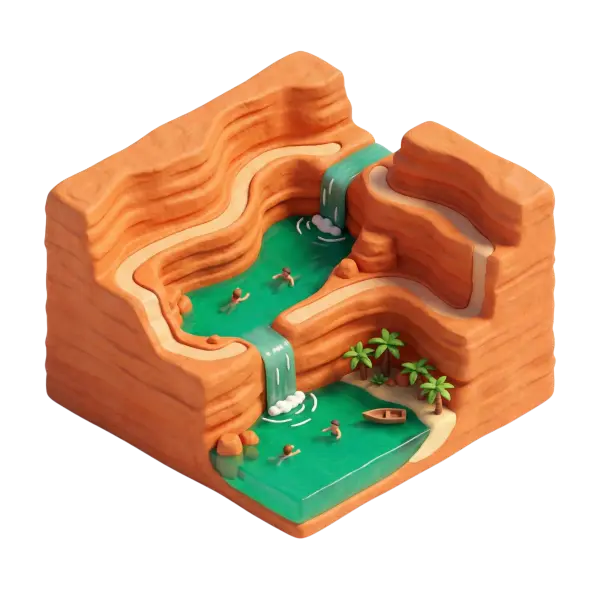 3D clay-style depiction of Wadi Shab: terraced orange sandstone canyon with turquoise pools, two cascading waterfalls, small palm cluster, a wooden rowboat and tiny swimmers, shown in an isometric perspective with soft, warm studio lighting on a black isolated background.