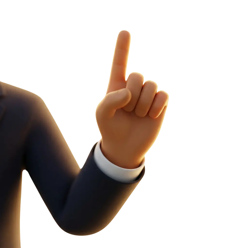 3D render of a stylized hand and forearm in a dark suit raising the index finger, smooth matte skin tones with soft rim lighting; isolated on a transparent background.