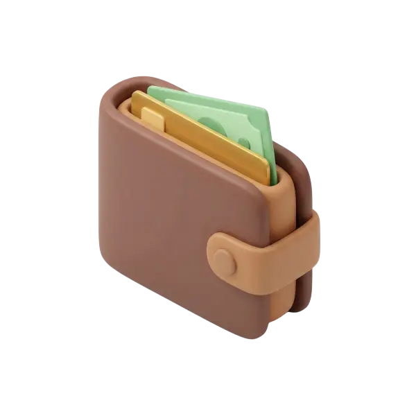 3D render of a compact brown wallet with rounded edges and a snap strap, showing green paper bills and a gold card; smooth matte rubber-like finish on a transparent background.