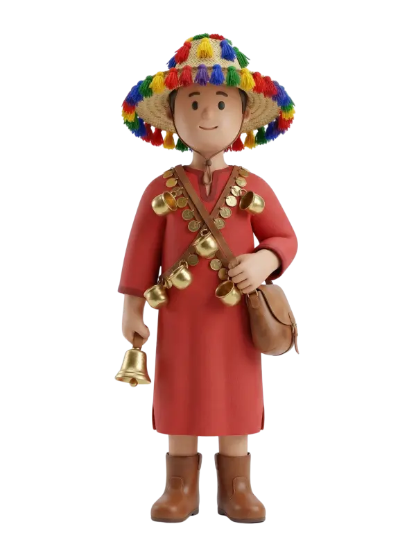 Full-body 3D character of a male water seller wearing a red tunic, wide straw hat decorated with multicolored tassels, leather shoulder bag and rows of brass bells and cups across his chest, holding a hand bell and smiling against a black background.