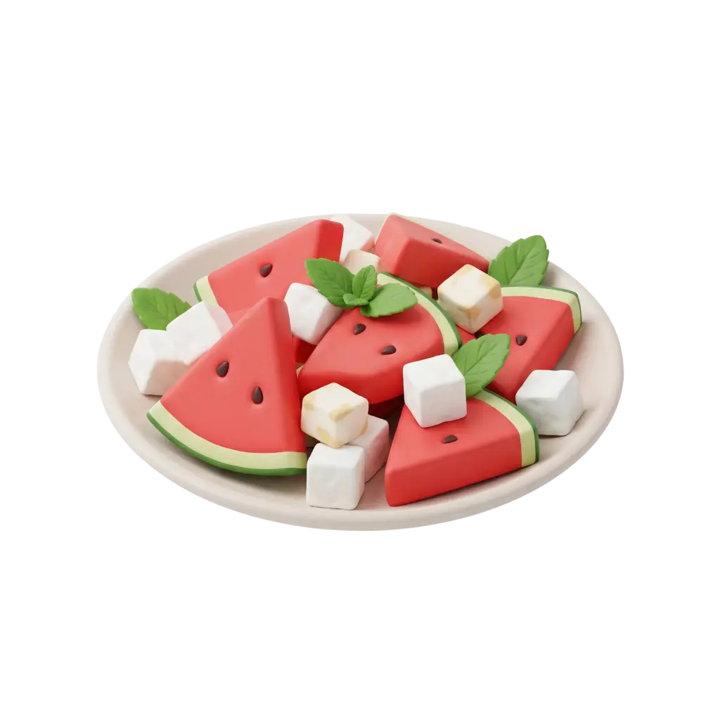 Close-up of a stylized plate with triangular watermelon slices, white cheese cubes, and fresh mint leaves on a pale ceramic plate against a black background.