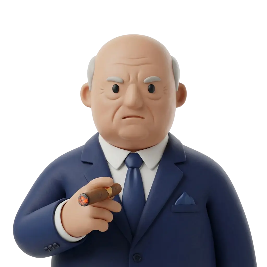 3D portrait bust of an elderly bald man wearing a navy suit, white shirt and blue tie, holding a lit cigar with a stern, furrowed expression and a visible pocket square; hand posed forward. Isolated on a black background.