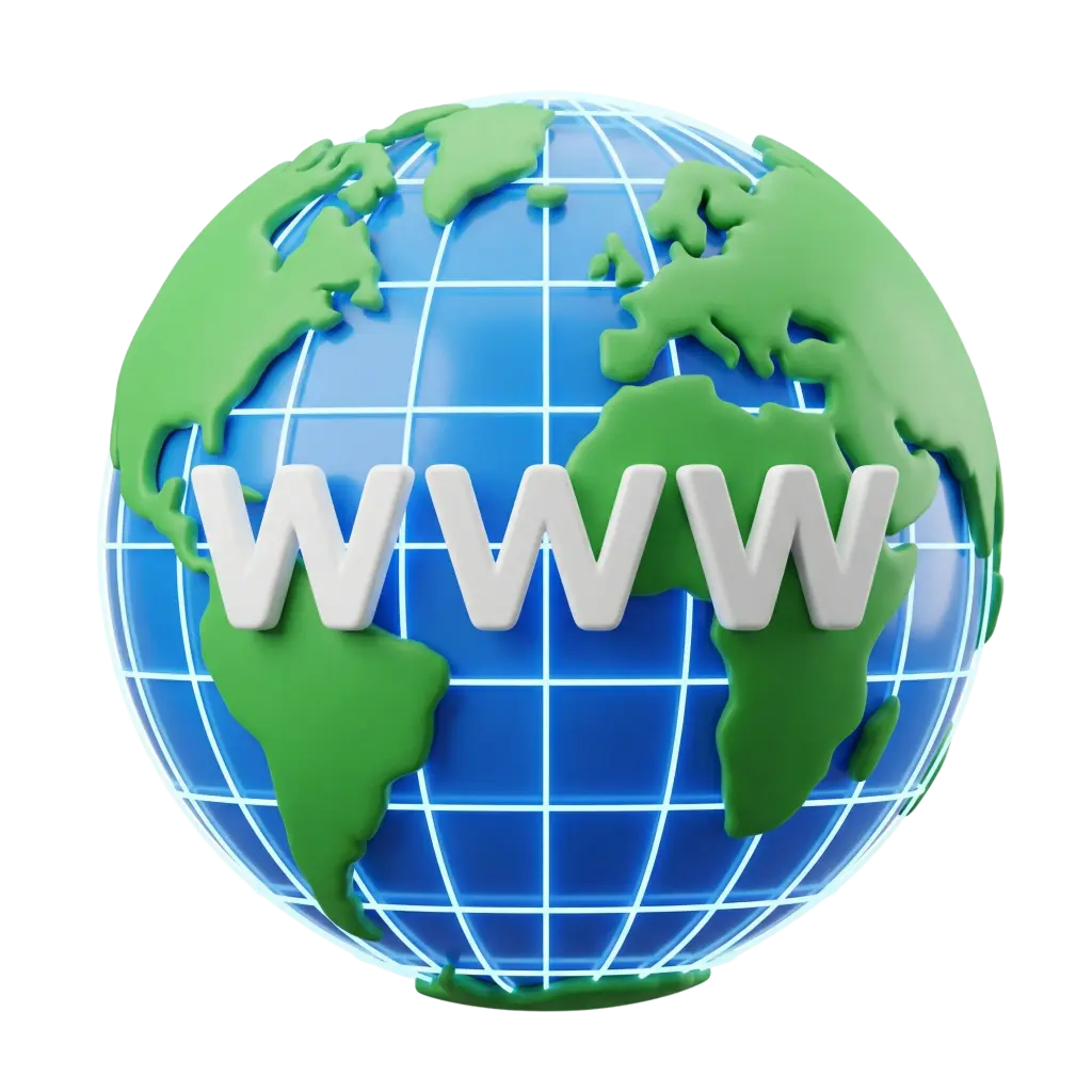3D render of a stylized globe with a glossy blue latitude–longitude grid, raised green continents and bold white "WWW" letters across the front; polished plastic CGI finish on a transparent background.