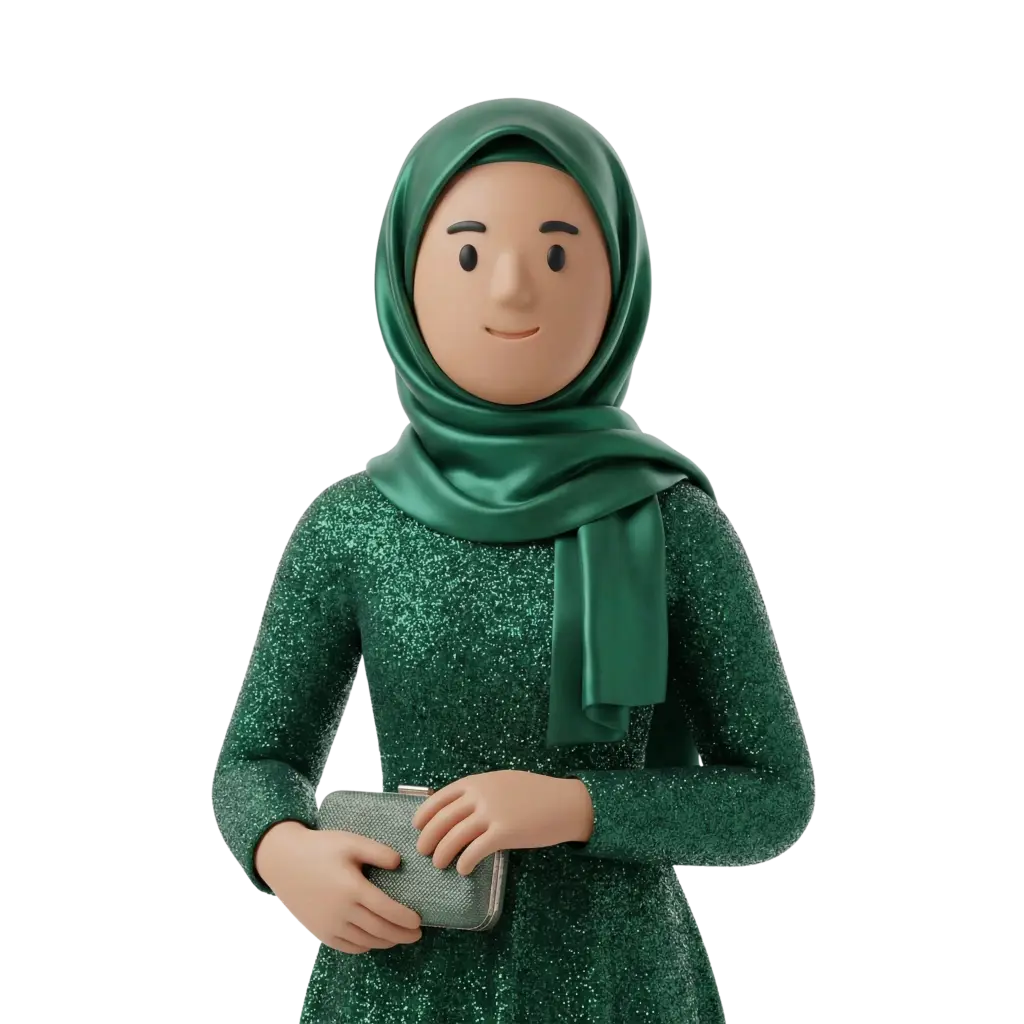 3D portrait bust of a female wedding guest wearing a green satin hijab and a glittering emerald modest evening dress, holding a small metallic clutch with both hands, neutral smile and relaxed pose, isolated on a transparent background.