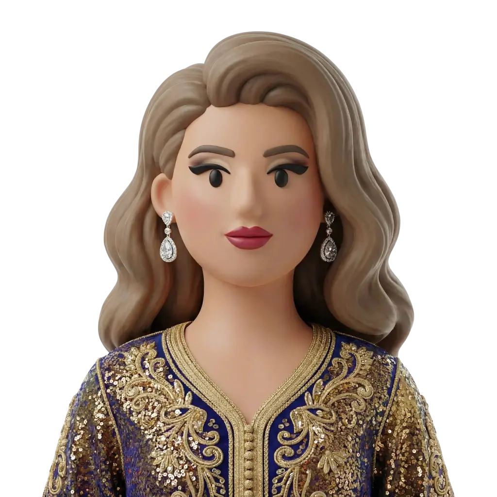 3D portrait bust of a female wedding guest wearing a deep blue embroidered caftan with gold sequins, long wavy light-brown hair, crystal drop earrings, winged eyeliner and rose lipstick on a black background.