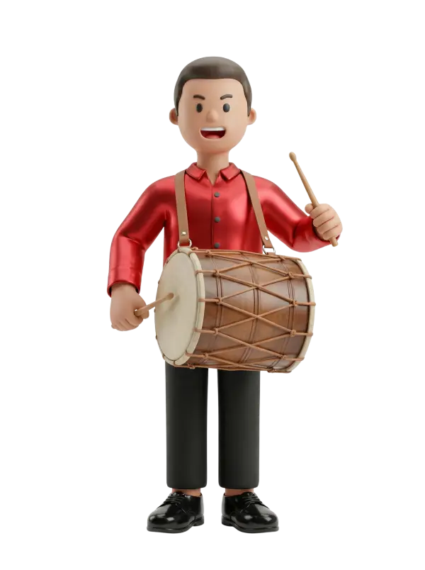 Full-body 3D character of a male wedding drummer wearing a glossy red shirt and black trousers with suspenders, holding a large wooden drum and two drumsticks with a smiling expression in a standing pose. Isolated render on a black background.