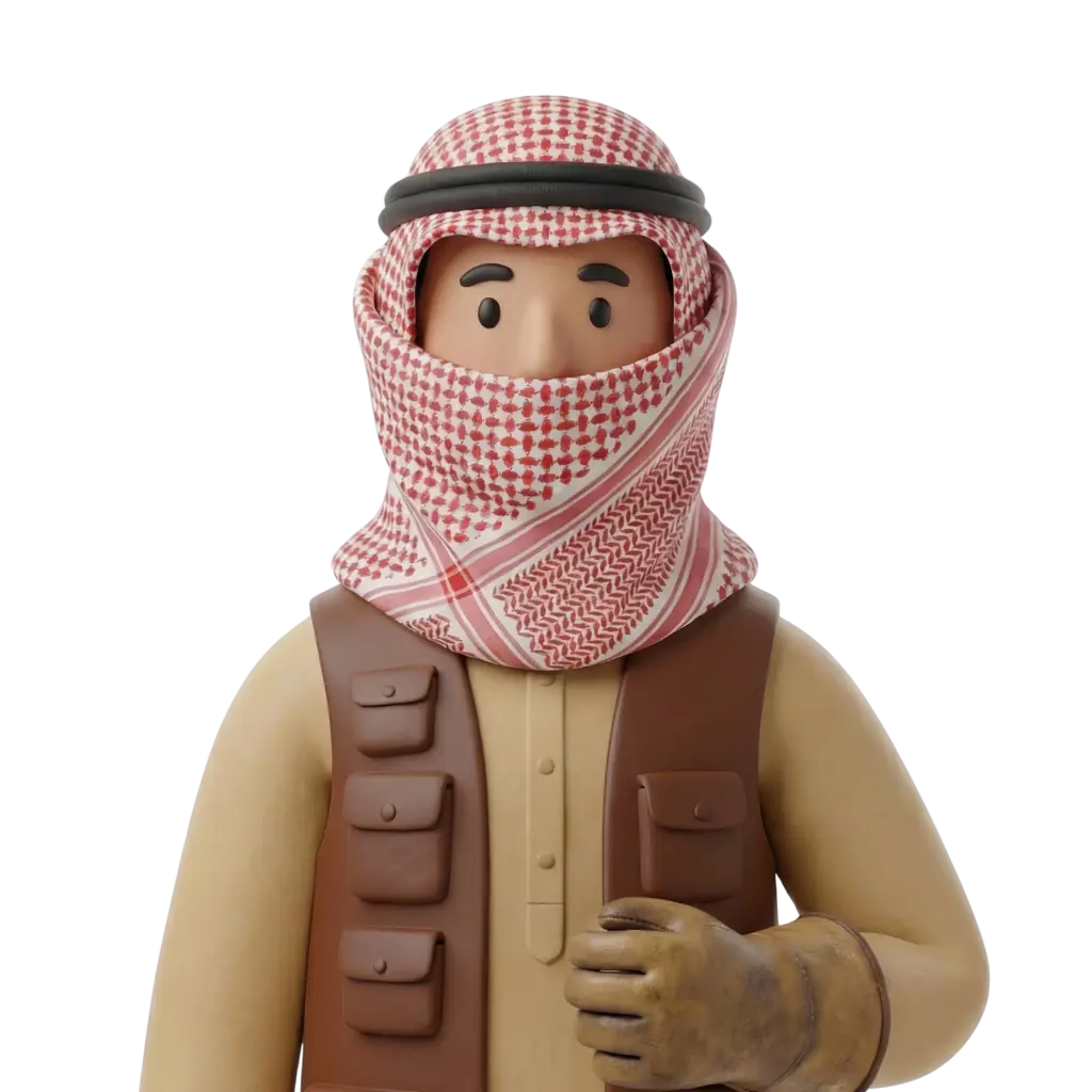 3D portrait bust of a male Gulf falconer wearing a red-and-white shemagh with a black agal, beige thobe and a brown falconry vest, holding a worn leather glove near his chest. Neutral stylized expression with simple eyebrows and eyes, isolated on a black background.