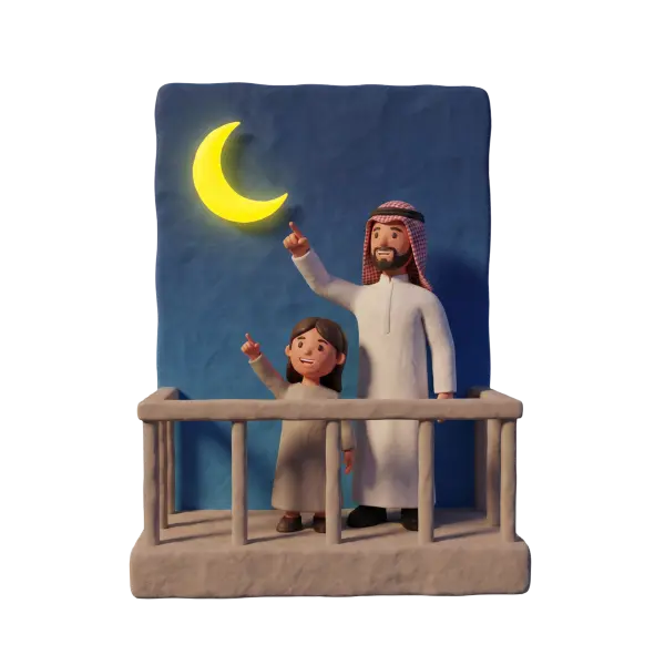 Full-body 3D scene of a smiling Arab father in a white thobe and red-checkered ghutra standing on a balcony with his young daughter; both are pointing up toward a glowing yellow crescent moon on a textured blue backdrop. The scene shows a simple balcony railing and soft studio lighting with a dark blue background.