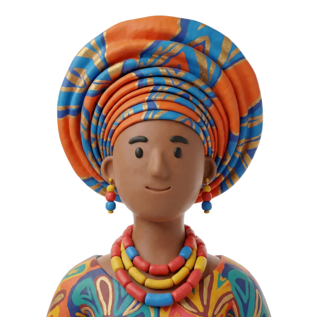 3D portrait bust of a West African woman wearing a large orange and blue patterned headwrap with gold accents, layered red-yellow-blue bead necklaces, matching beaded drop earrings, colorful patterned dress, neutral smile, and isolated black background.