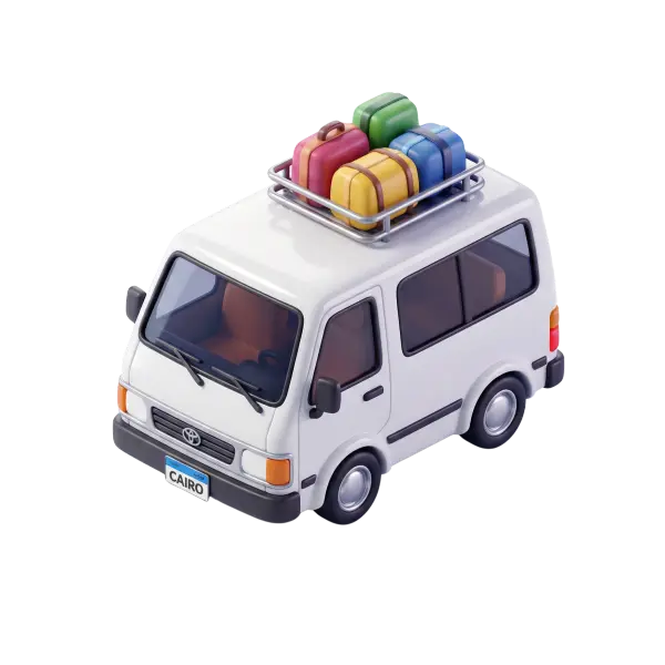 3D render of a white microbus van with a glossy finish, rounded stylized body, tinted windows, silver roof rack loaded with four colorful suitcases and a Cairo license plate, presented on a black isolated background.