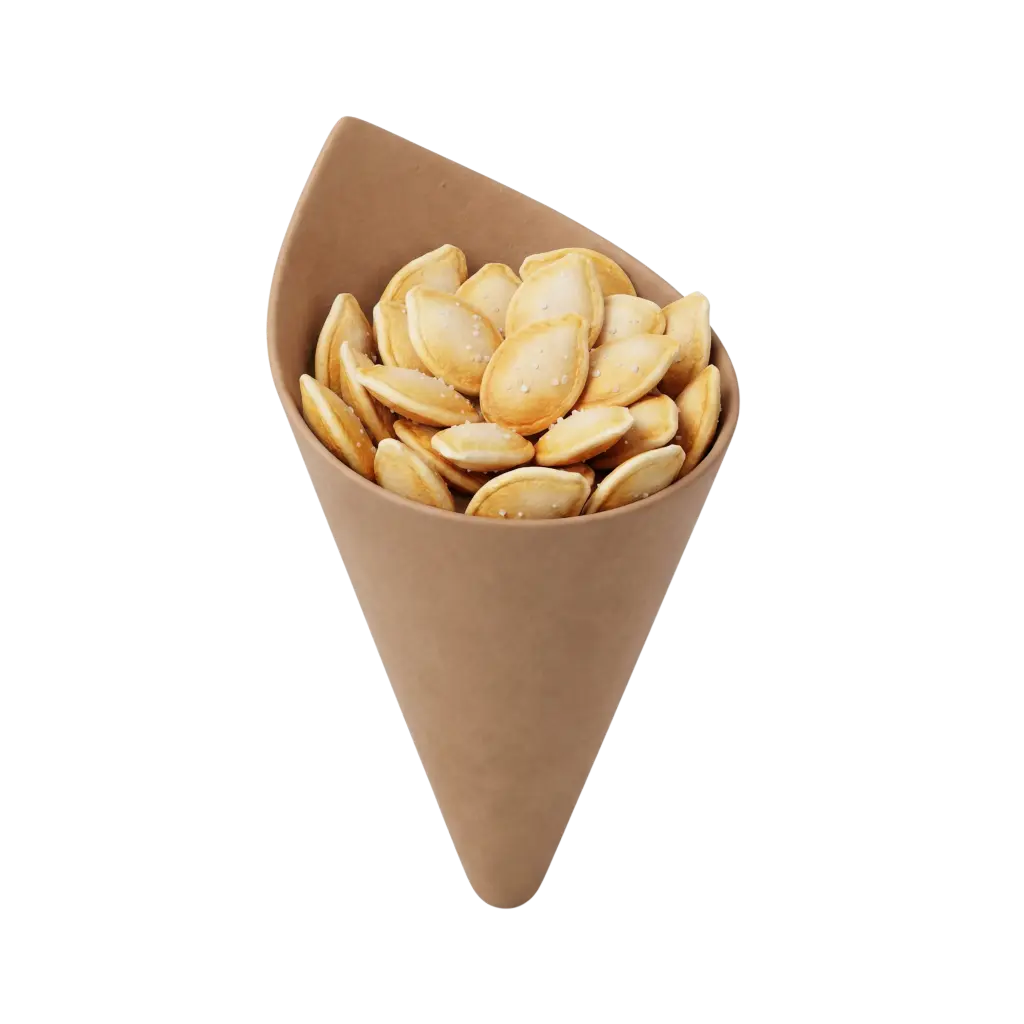 Close-up 3D render of white pumpkin seeds in a brown paper cone, light golden roasted shells with visible salt flakes, isolated on a black background.