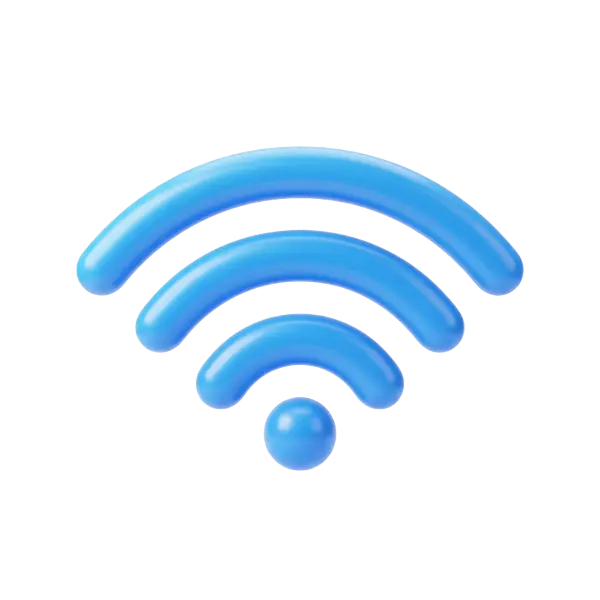 3D render of a glossy blue WiFi signal icon with three rounded radiating arcs above a circular dot, plastic-like finish with soft highlights, isolated on a transparent background.