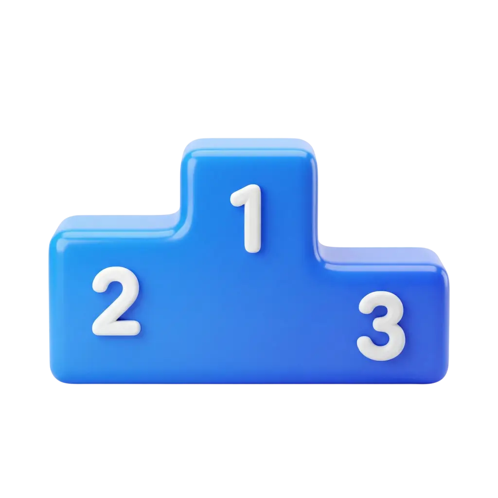 3D render of a rounded blue winner podium with three stepped levels and white raised numbers 1, 2, 3. Glossy plastic finish with smooth edges on a transparent background.
