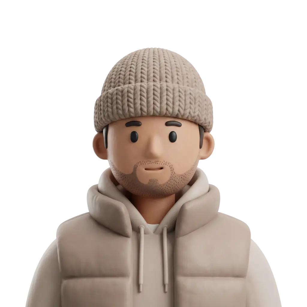 3D portrait bust of a young male wearing a beige knit beanie, light stubble, a padded beige vest over a hoodie, neutral expression and forward-facing pose against a black background.