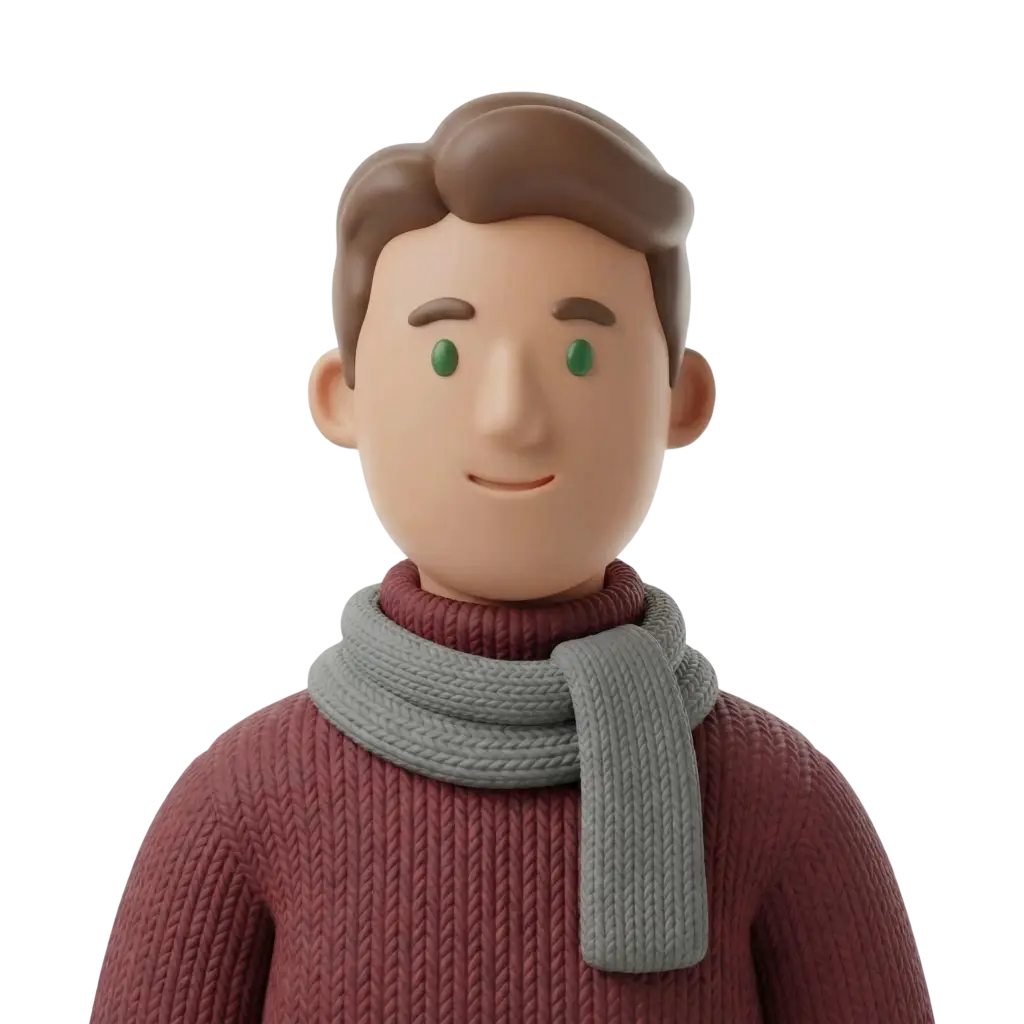 3D portrait bust of a young man wearing a maroon chunky knit sweater and a light gray knitted scarf, with short brown hair, green eyes, and a subtle smile. Front-facing relaxed pose against a solid black background.