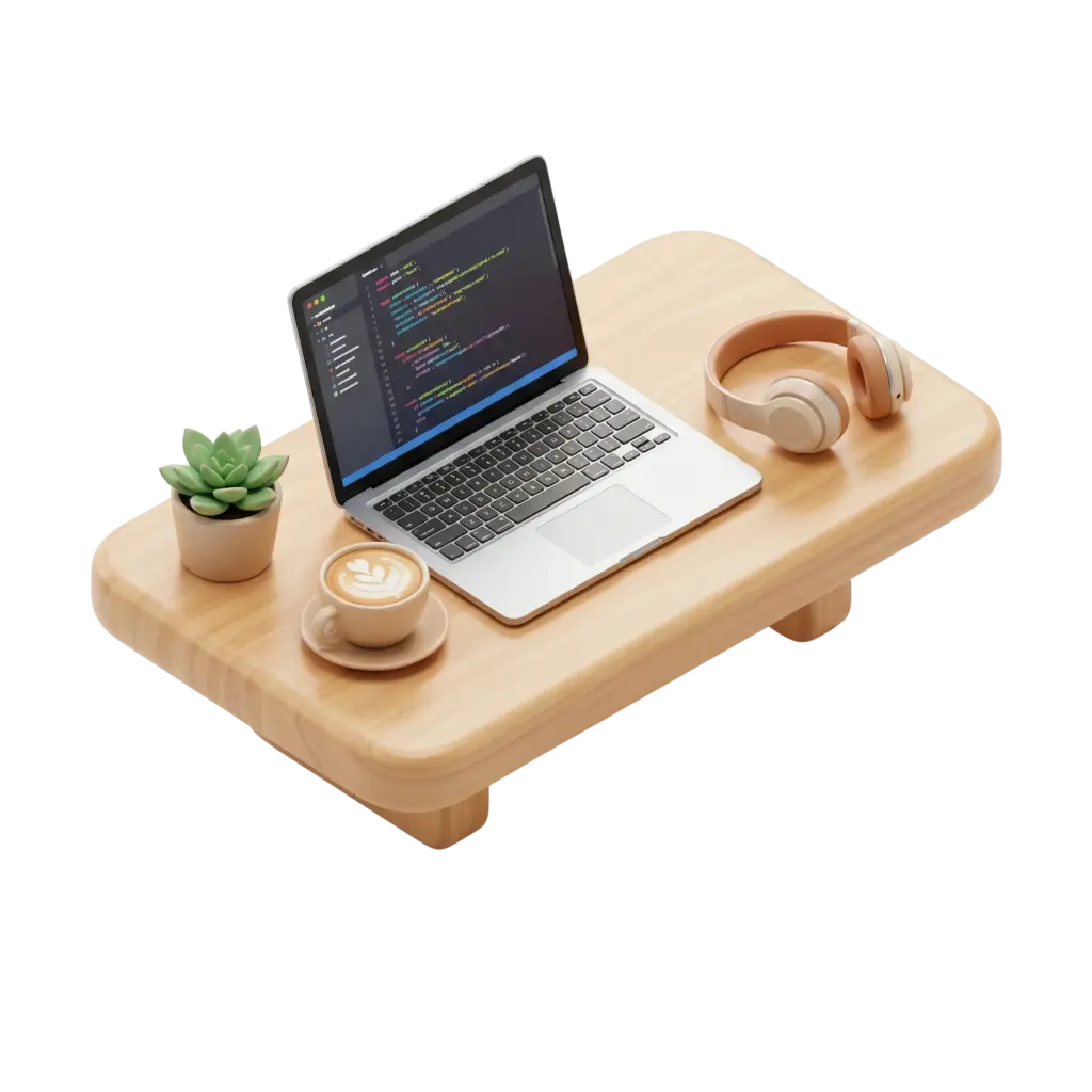 3D render of a low wooden work desk with rounded corners and light natural wood grain and a matte finish, arranged with a laptop, beige over-ear headphones, a coffee cup with latte art, and a small potted succulent. Isolated on a black background.